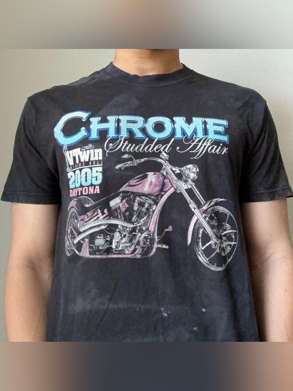 Vintage 2005 Chrome Daytona Motorcycle Graphics Black Tee Shirt